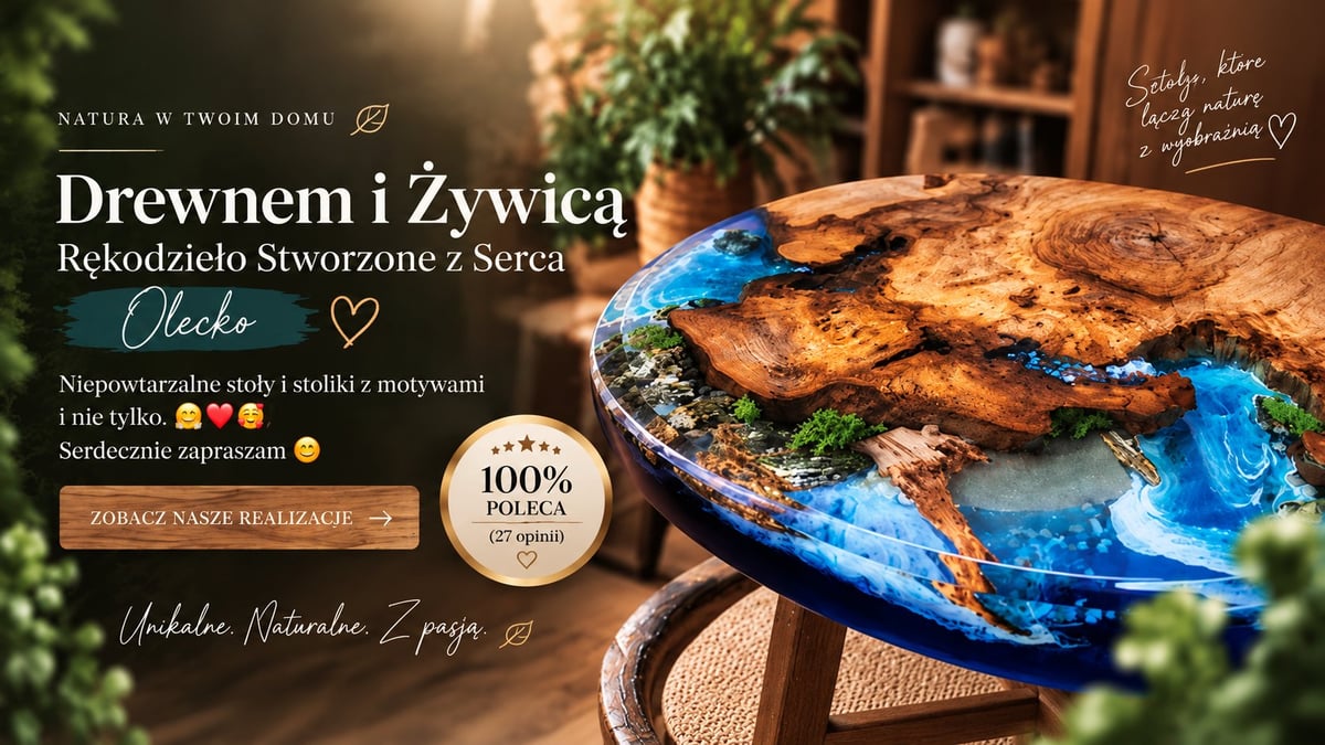 Grafika marki Drewnem i Żywicą — stół z drewna i niebieskiej żywicy epoksydowej, rękodzieło z Olecka